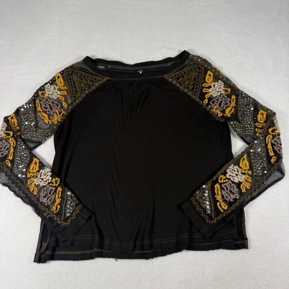 Free People Top Womens Medium Black Cotton Linen Boho Embroidered Sequin Ribbed